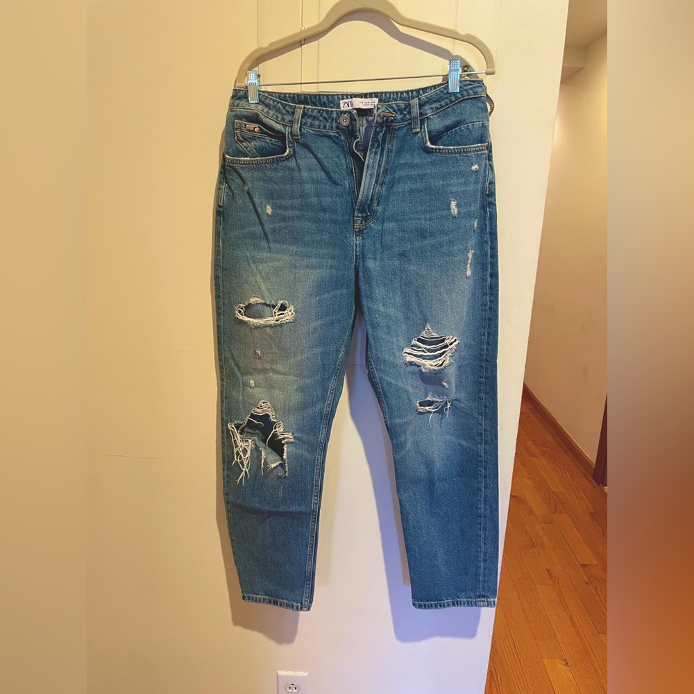 Zara Ripped High Rise Straight Leg Cropped Jeans